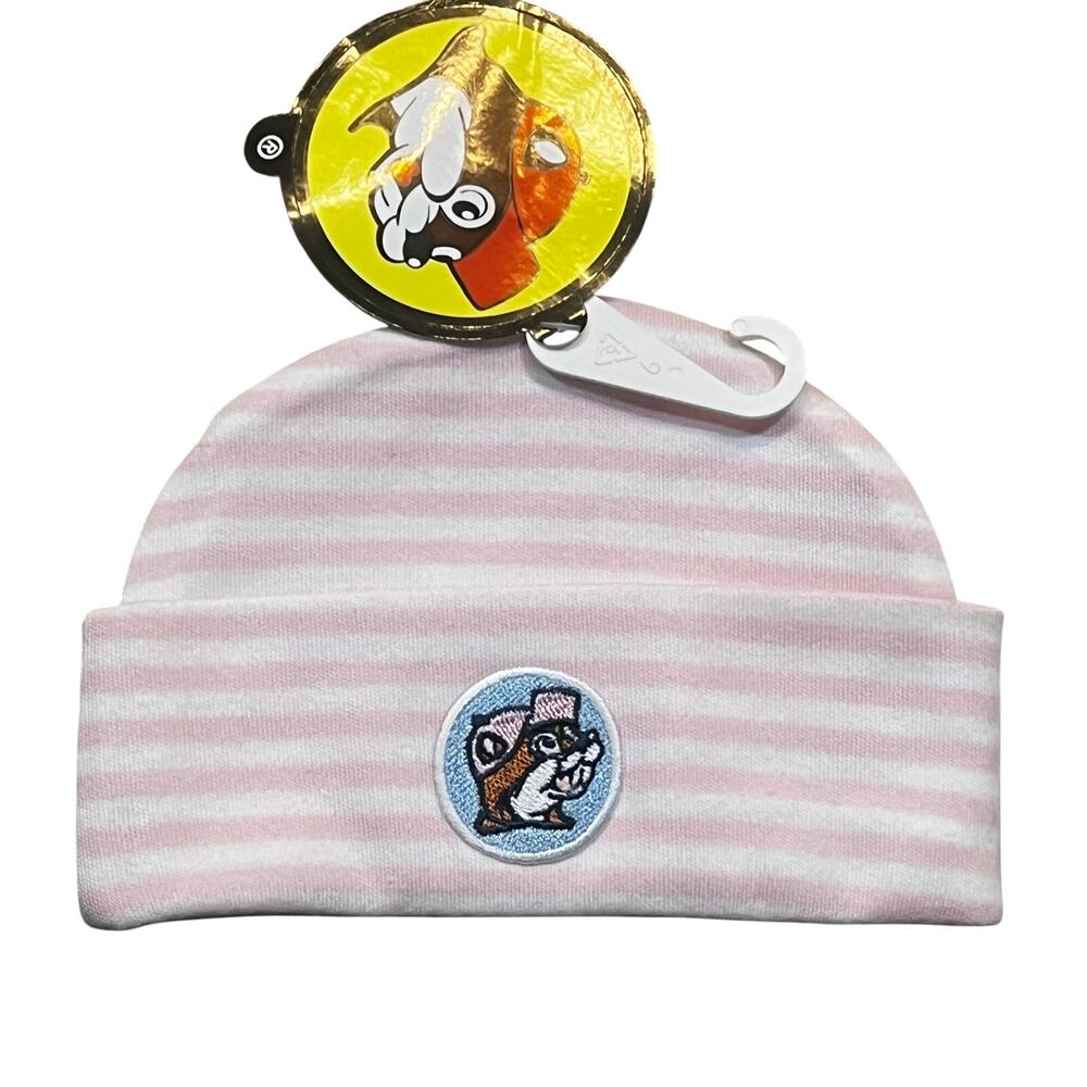 NEW Buc-ee’s Baby Beanie Hat Newborn Pink Stripe Embroidered Logo Soft Knit Girl